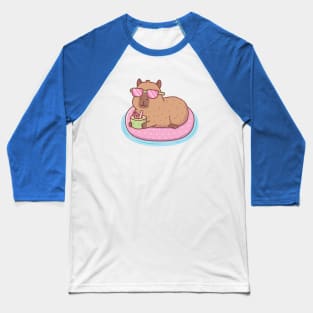 Funny Capybara Chilling On Pink Pool Float Baseball T-Shirt